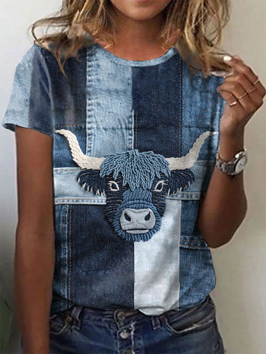 Women's Denim Highland Cow T-shirt