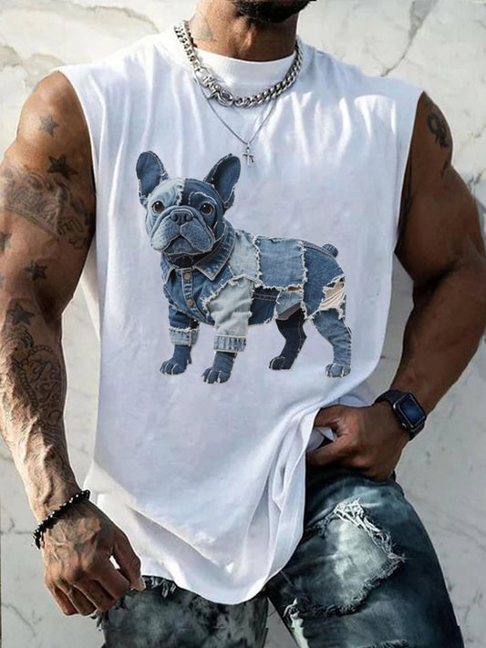 Men's Bulldog Pattern Patchwork Art Tank Top