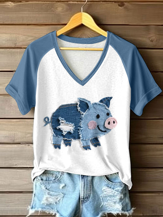 Women's Cute Pig Patchwork Art V-Neck T-Shirt