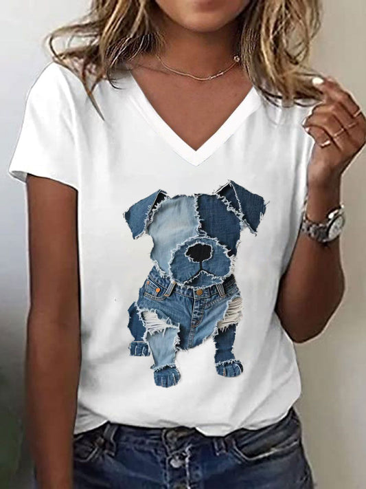 Women's Cute Dog Pattern Patchwork Art V-Neck T-Shirt