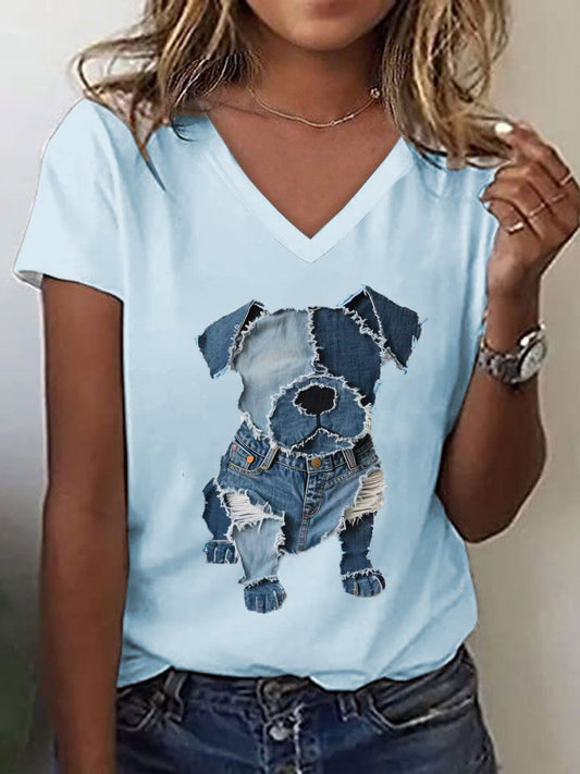 Women's Cute Dog Pattern Patchwork Art V-Neck T-Shirt