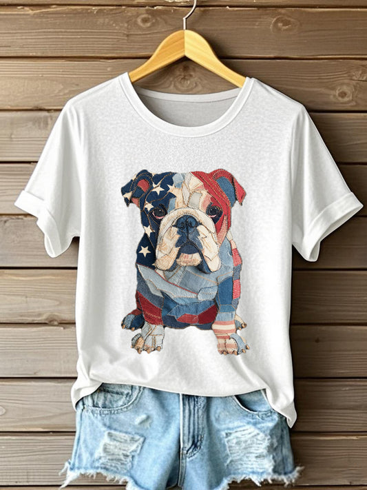 Women's Bulldog Pattern Patchwork Art T-Shirt