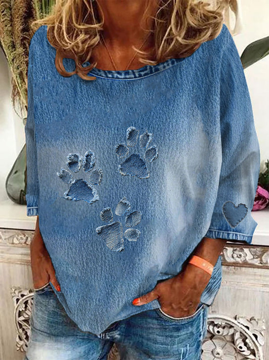 Women's Denim Paw Long Sleeve T-Shirt