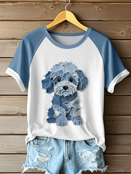 Women's Cute Dog Pattern Patchwork Art T-Shirt