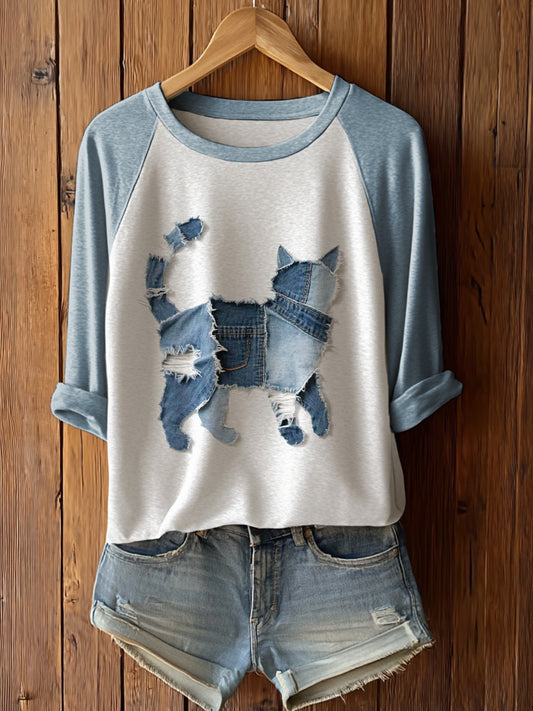 Women's Cute Cat Patchwork Art Long Sleeve T-Shirt