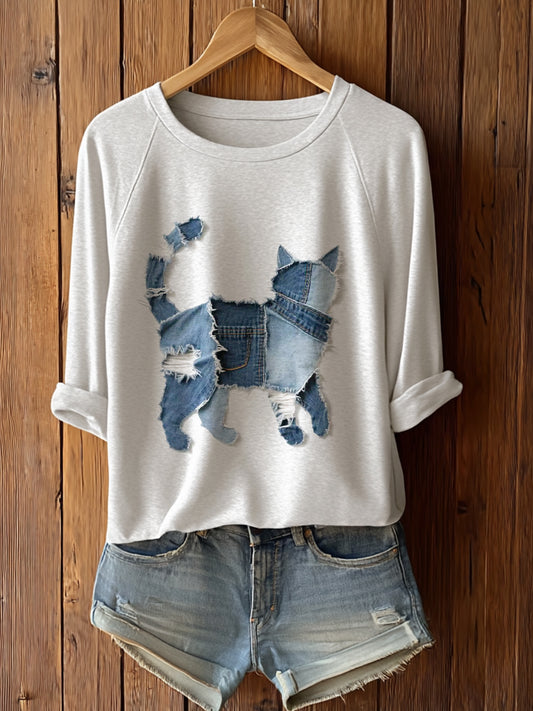 Women's Cute Cat Patchwork Art Long Sleeve T-Shirt
