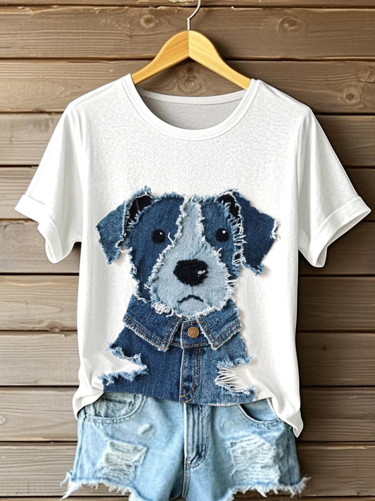 Women's Cute Dog Denim Patchwork Art T-shirt