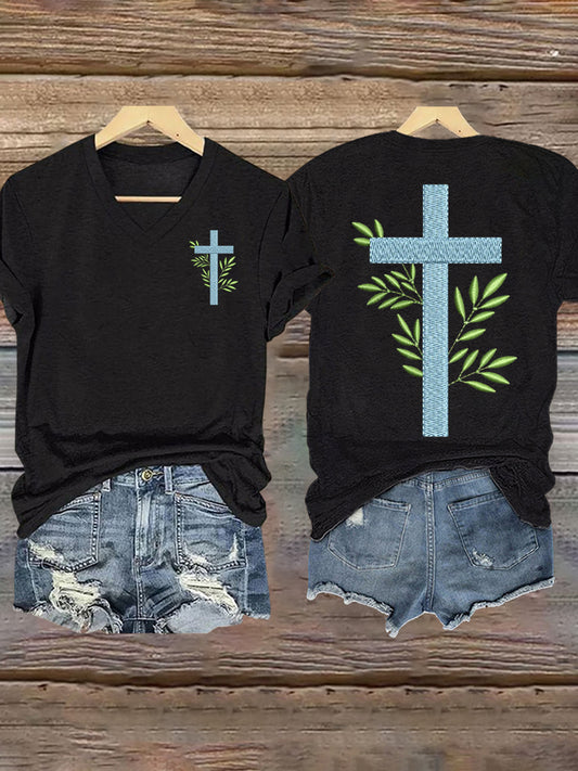 Women's Faith Cross Leaf Print T-shirt