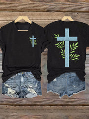 Women's Faith Cross Leaf Print T-shirt