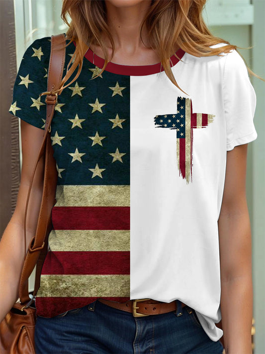 Women's American Flag Cross Print T-Shirt