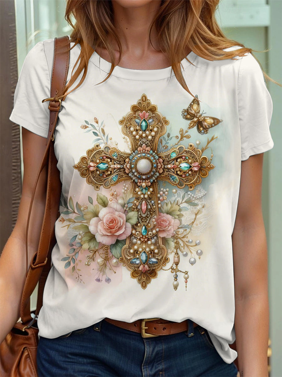 Women's Faith Cross Floral Print T-Shirt