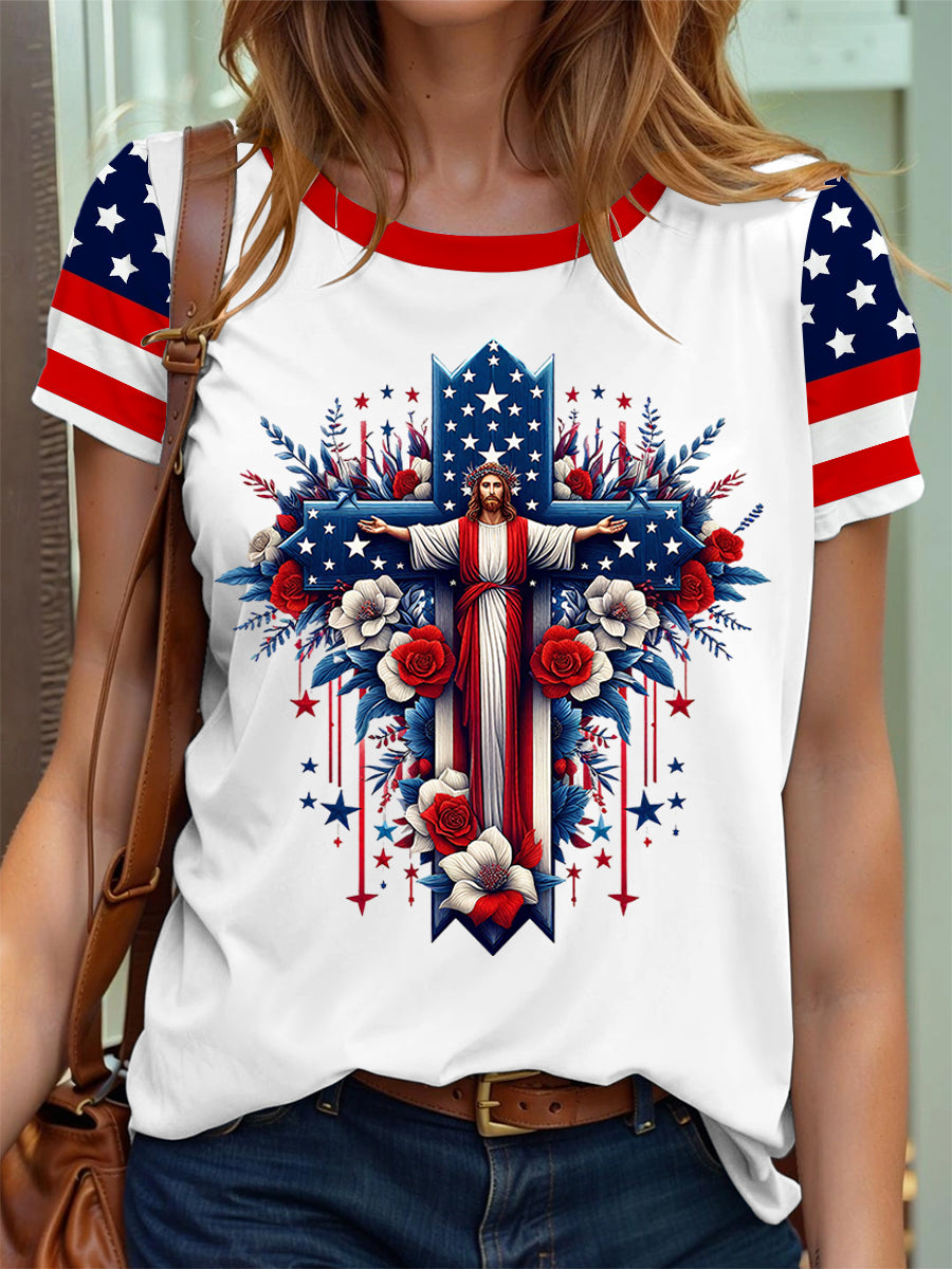 Women's American Flag Cross Print T-Shirt