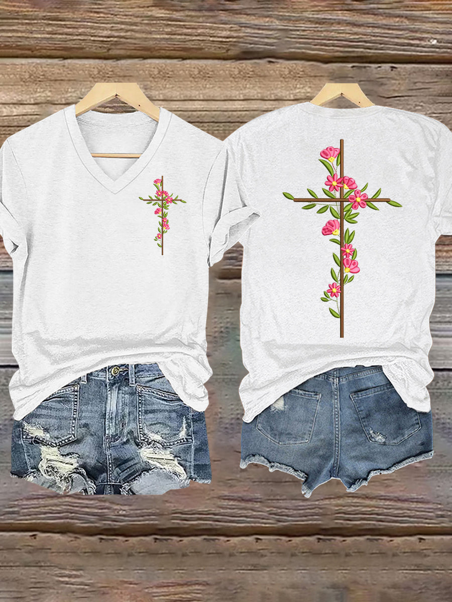 Women's Faith Cross Floral Print T-Shirt