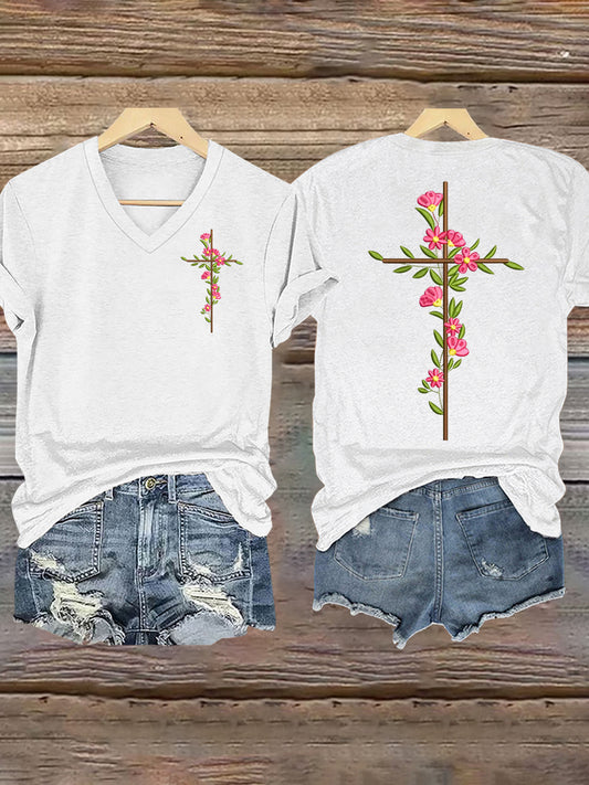 Women's Faith Cross Floral Print T-Shirt