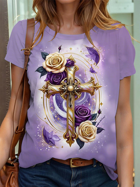 Women's Faith Cross Floral Print T-Shirt