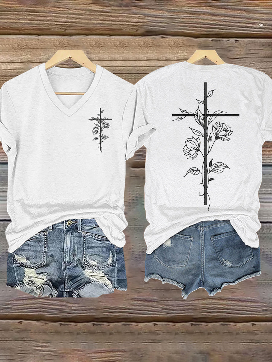 Women's Faith Cross Floral Print T-Shirt