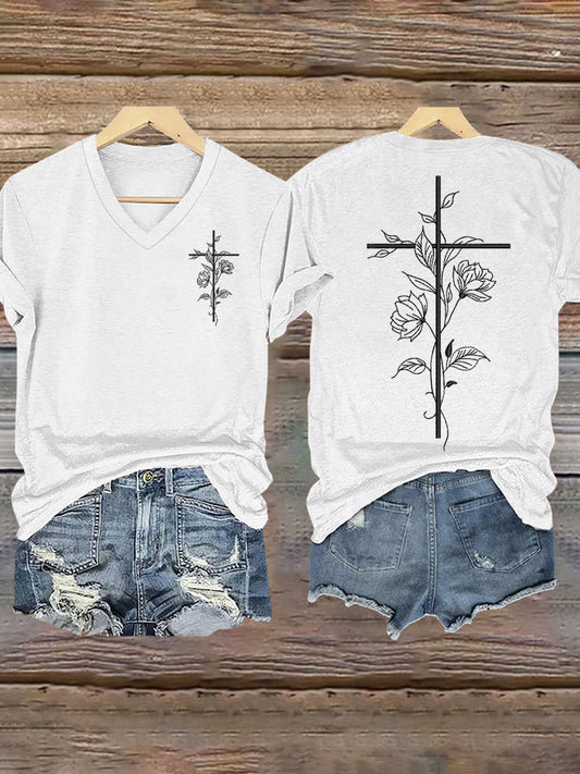 Women's Faith Cross Floral Print T-Shirt