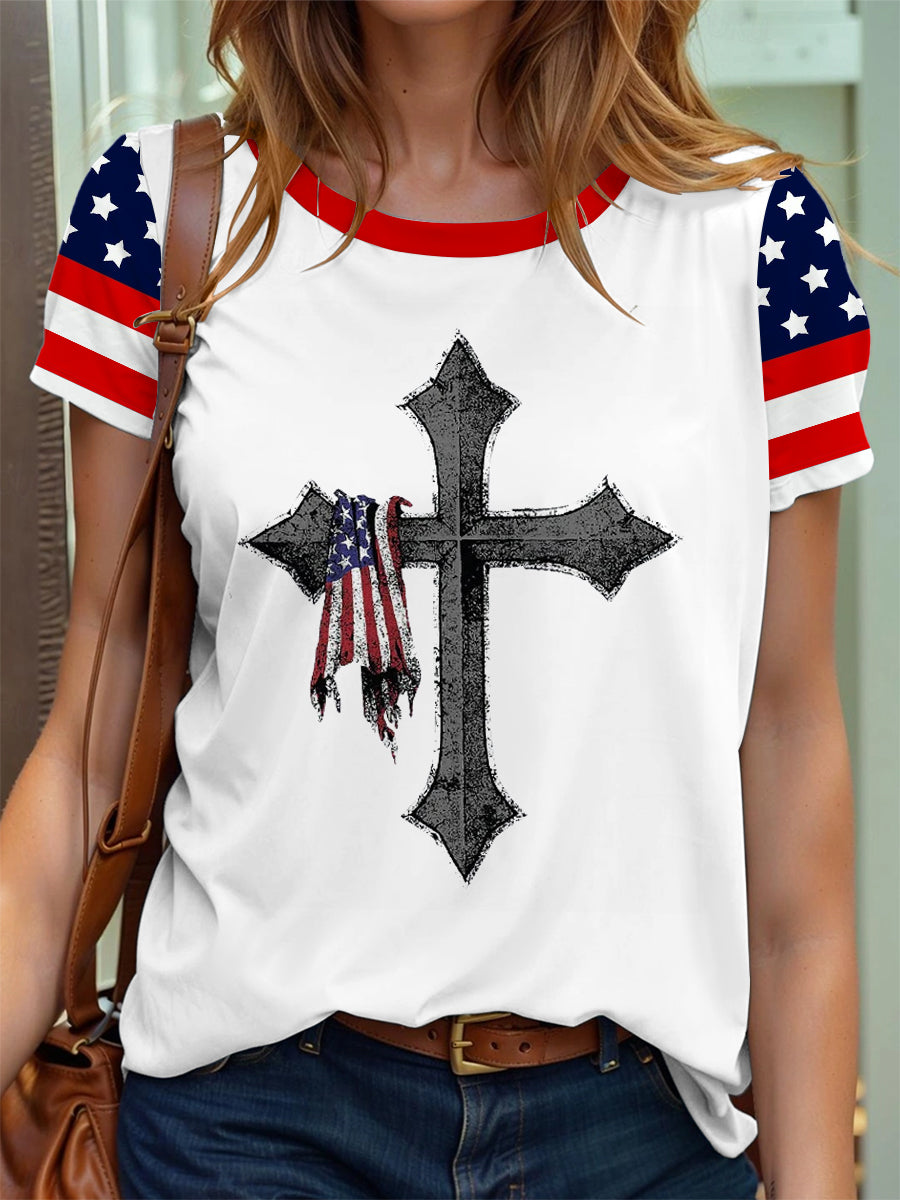 Women's American Flag Cross Print T-Shirt