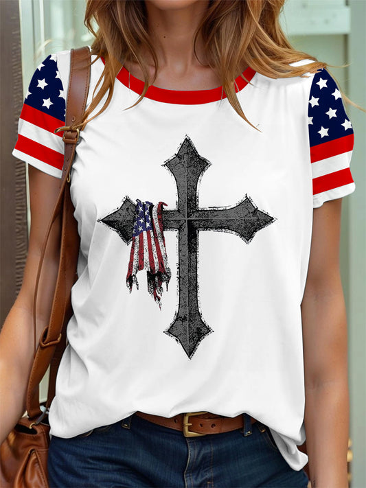 Women's American Flag Cross Print T-Shirt