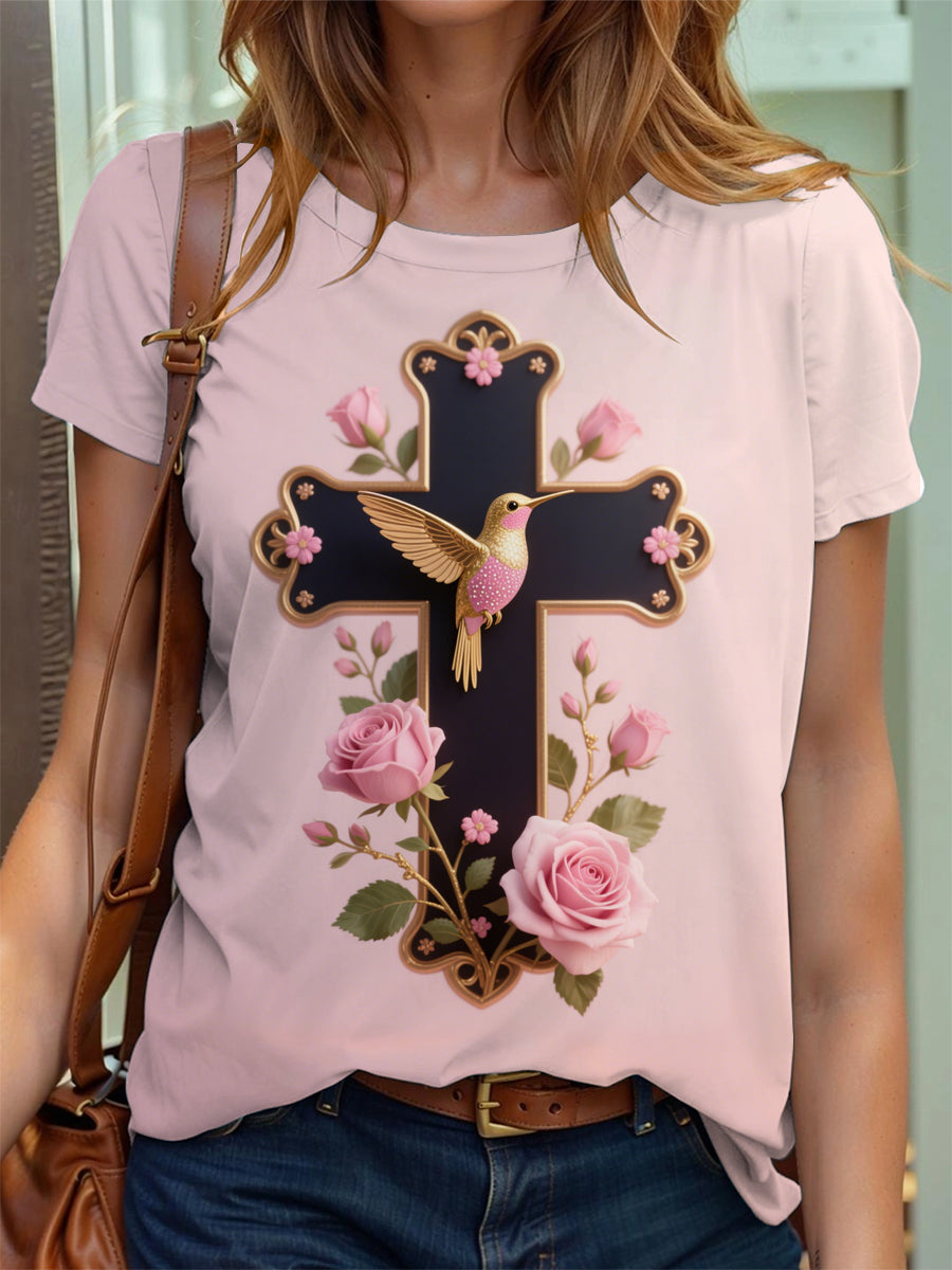 Women's Faith Cross Floral Print T-Shirt