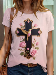 Women's Faith Cross Floral Print T-Shirt