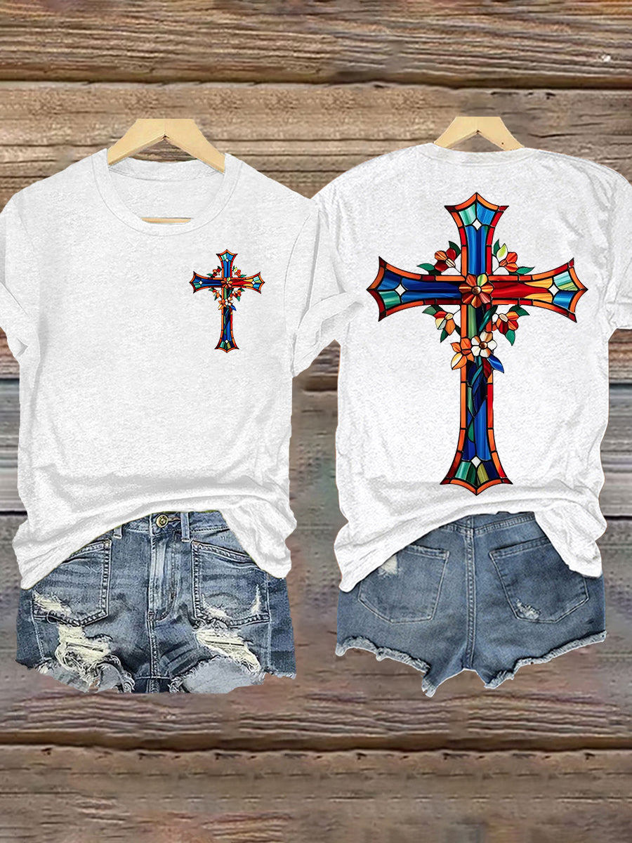 Women's Stained Glass Floral Faith Cross Print T-Shirt