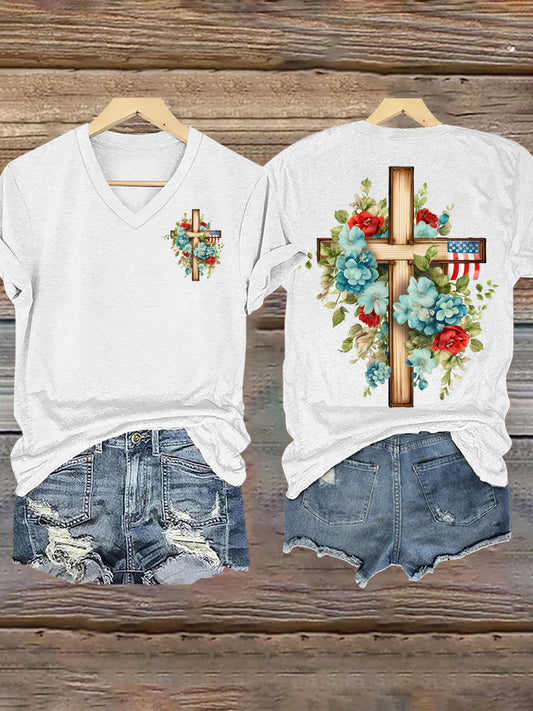Women's Colorful Floral Faith Cross Print T-Shirt