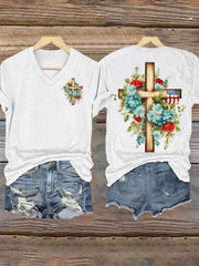 Women's Colorful Floral Faith Cross Print T-Shirt