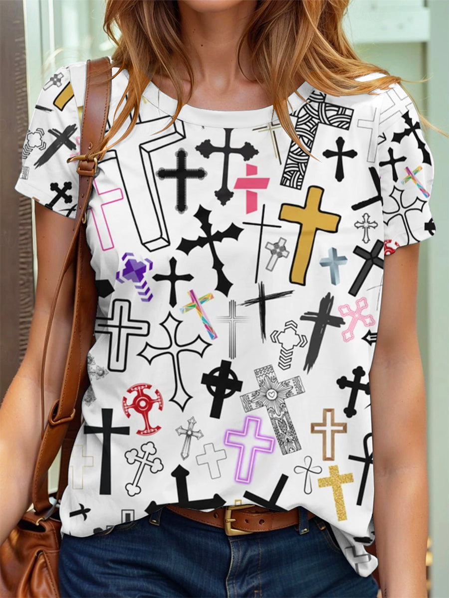 Women's Artistic Faith Cross Print T-shirt