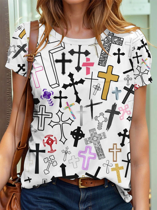 Women's Artistic Faith Cross Print T-shirt