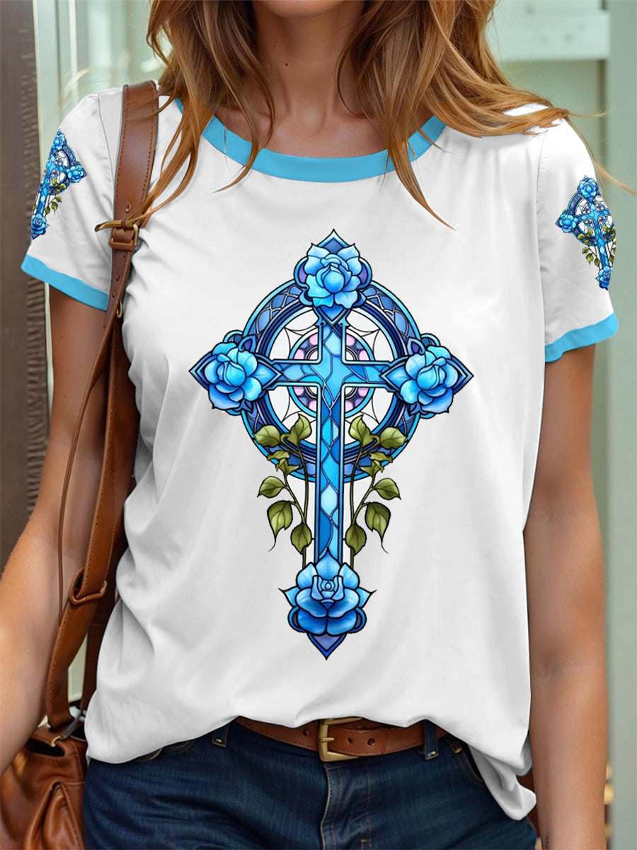 Women's Stained Glass Floral Faith Cross Print T-Shirt
