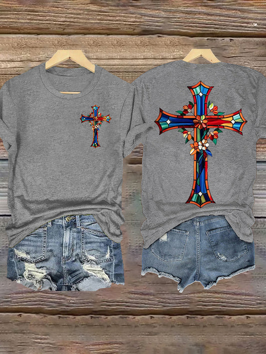 Women's Stained Glass Floral Faith Cross Print T-Shirt