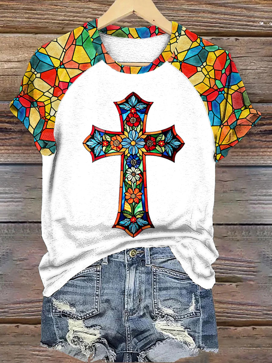 Women's Stained Glass Floral Faith Cross Print T-Shirt
