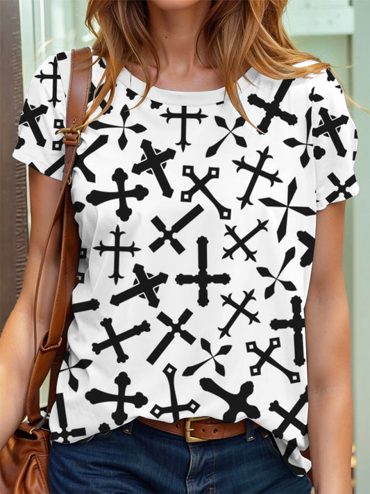 Women's Artistic Faith Cross Print T-shirt