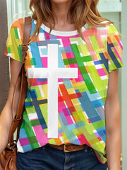 Women's Colorful Faith Cross Print T-Shirt