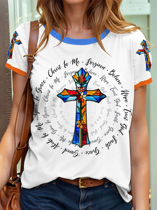 Women's Stained Glass Floral Faith Cross Print T-Shirt