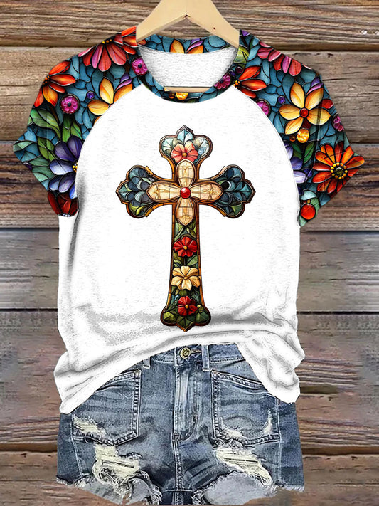 Women's Stained Glass Floral Faith Cross Print T-Shirt