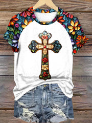 Women's Stained Glass Floral Faith Cross Print T-Shirt