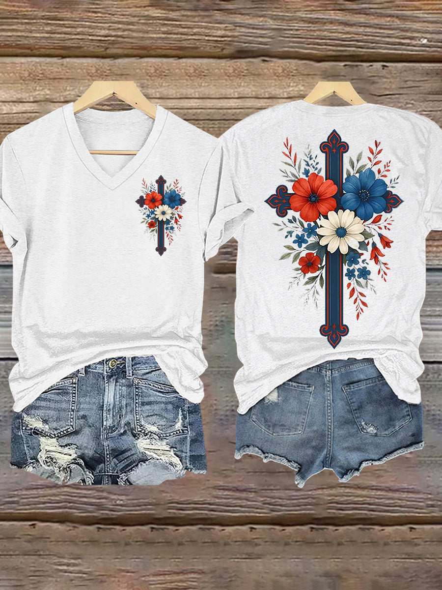 Women's Colorful Floral Faith Cross Print T-Shirt