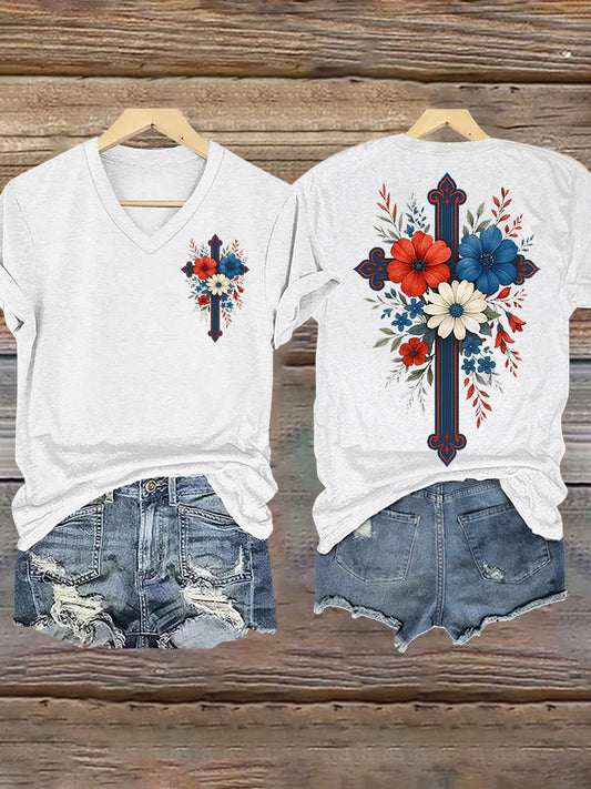 Women's Colorful Floral Faith Cross Print T-Shirt