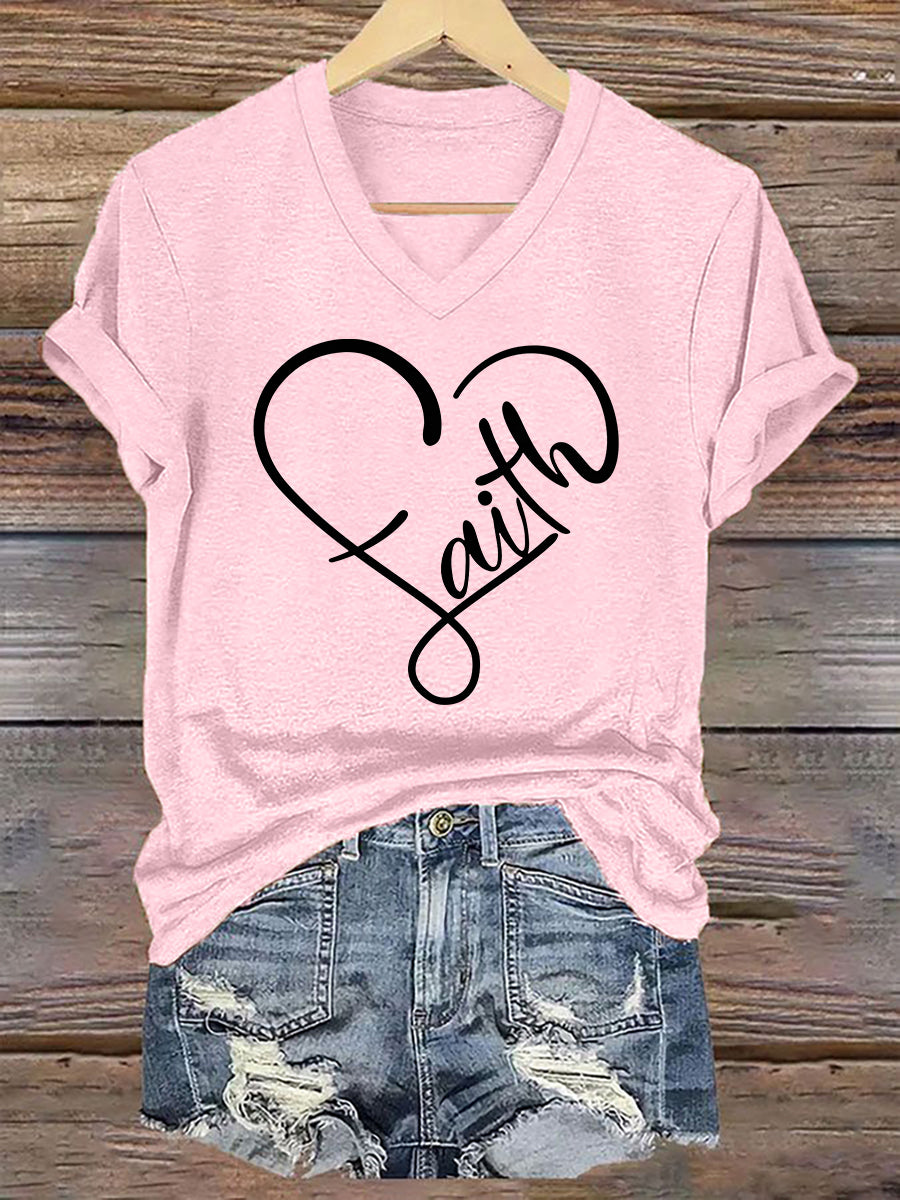 Women's Faith Love Heart Casual Classic V-Neck Tee