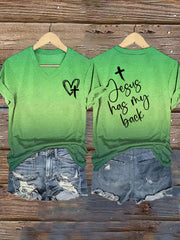 Women's Jesus Has My Back Print V-Neck T-Shirt