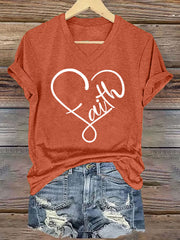 Women's Faith Love Heart Casual Classic V-Neck Tee