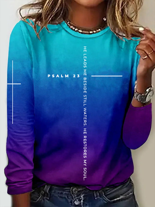 Printed He Leads Me Beside Still Waters Casual Long Sleeve Shirt