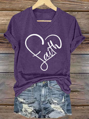 Women's Faith Love Heart Casual Classic V-Neck Tee
