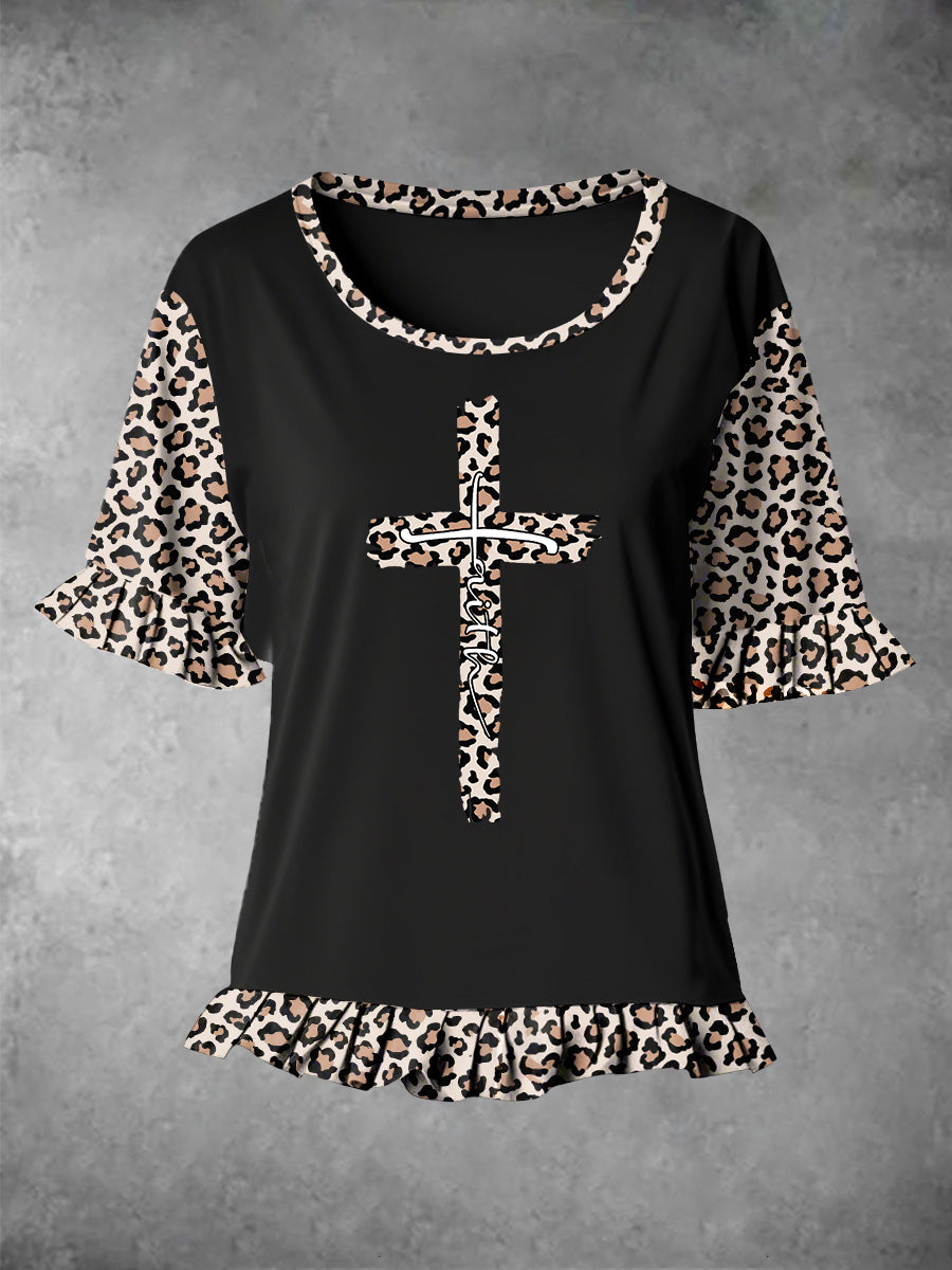 Women's Faith Leopard Print Ruffle Hem Stitching Tee