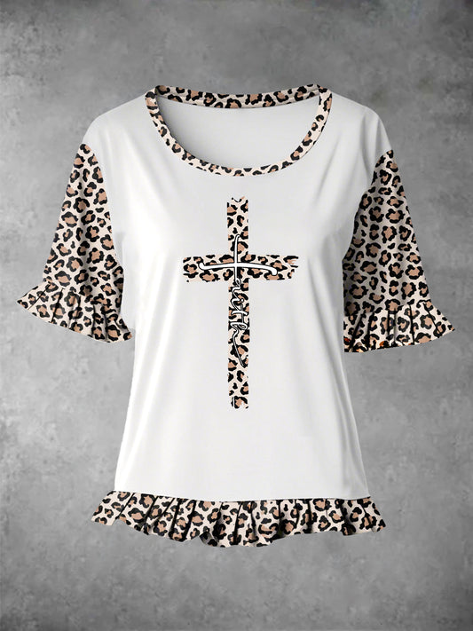 Women's Faith Leopard Print Ruffle Hem Stitching Tee