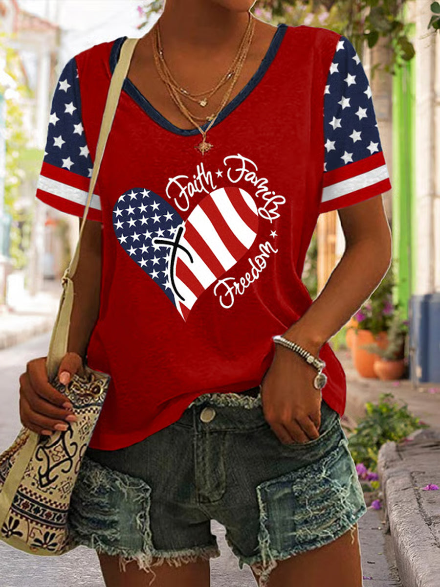 Women's Independence Day Faith Family Freedom Flag Cross Print Short Sleeve T-Shirt