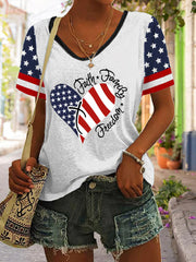 Women's Independence Day Faith Family Freedom Flag Cross Print Short Sleeve T-Shirt