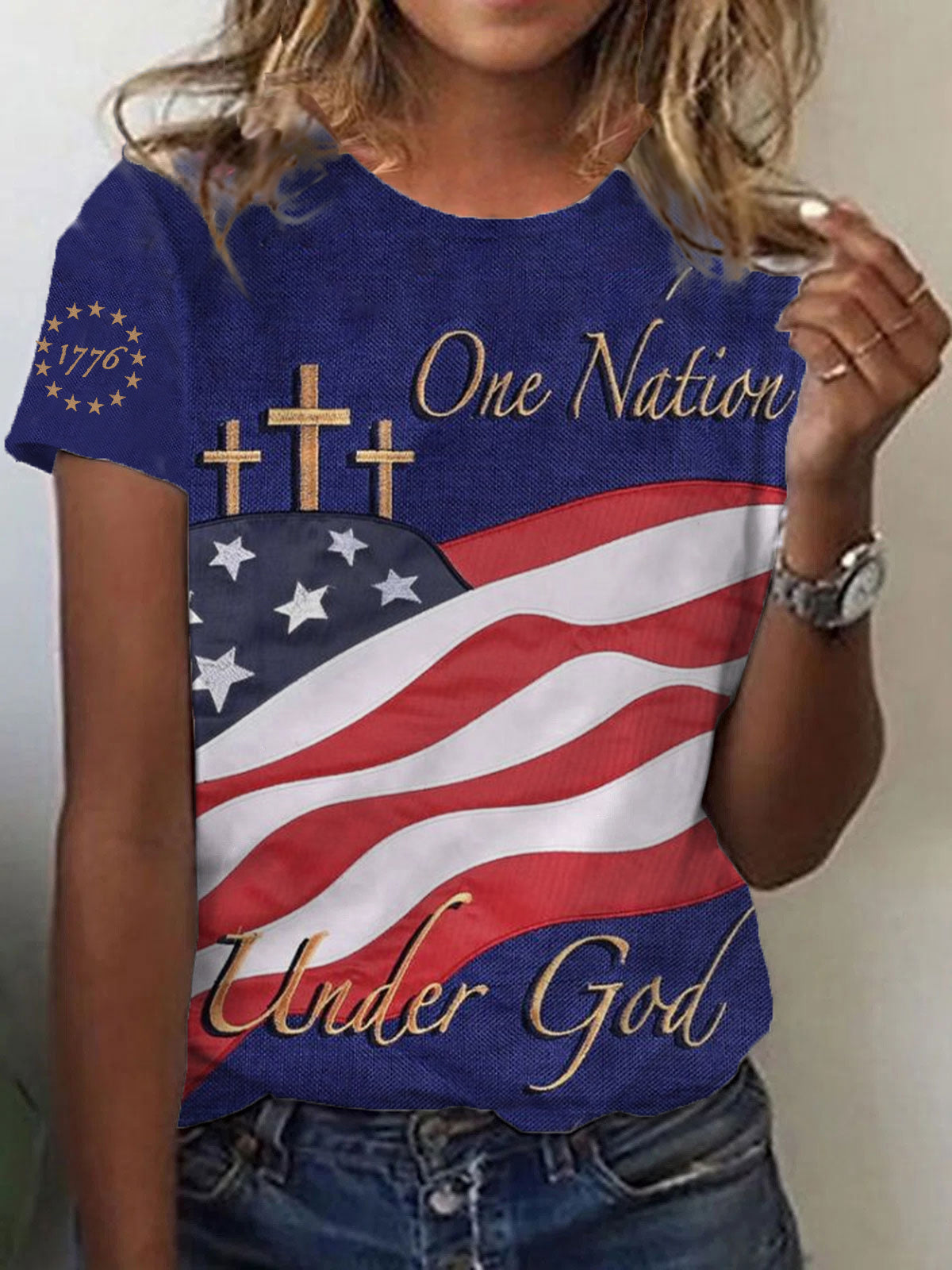 Women's One Nation Under God 1776 Faith Cross Print O-Neck T-Shirt